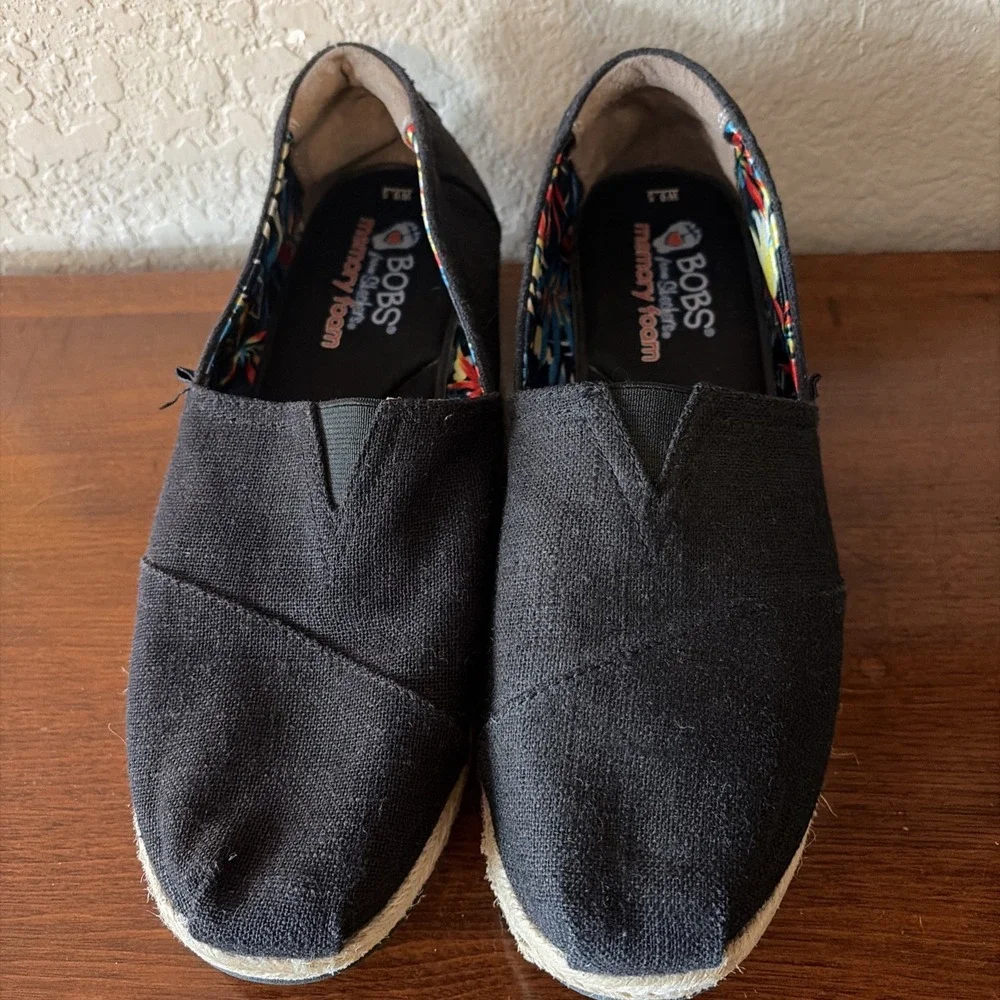 BOBS by Skechers Women's 9.5‎ Black Espadrille Platform Slip-On Shoes Wedge